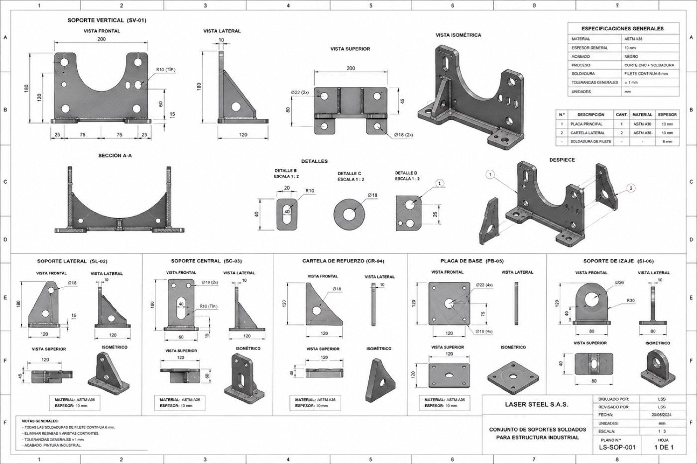 Plano técnico de conjunto de soportes soldados
