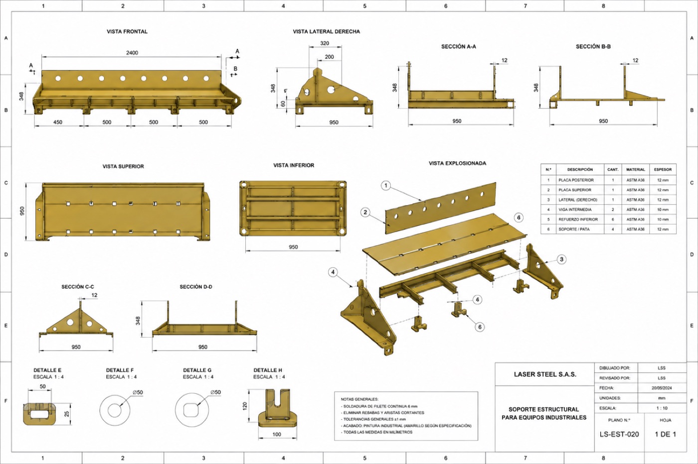 Plano técnico de soporte estructural para equipos industriales