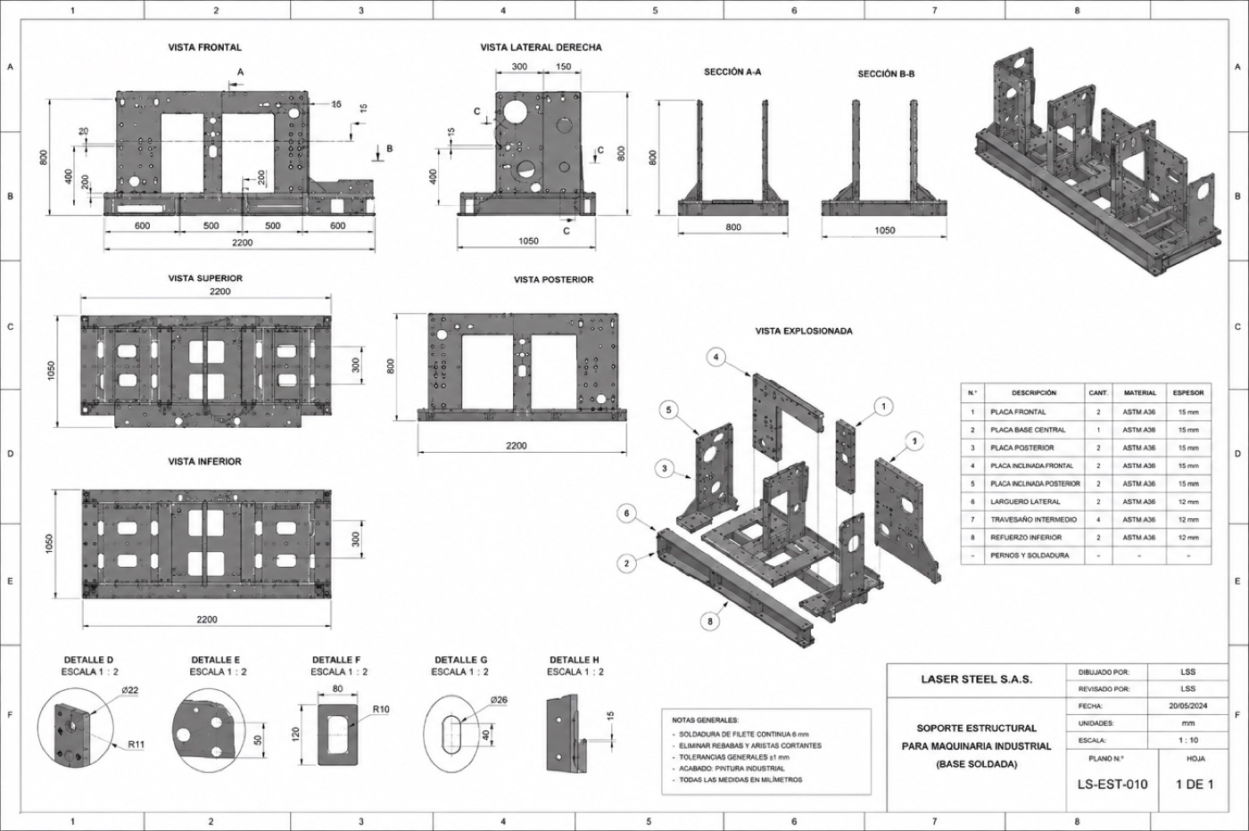 Plano técnico de base soldada para maquinaria industrial