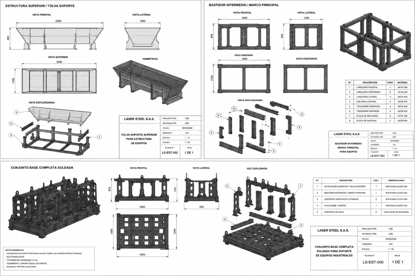 Plano técnico de estructura y base soldada para soporte de equipos