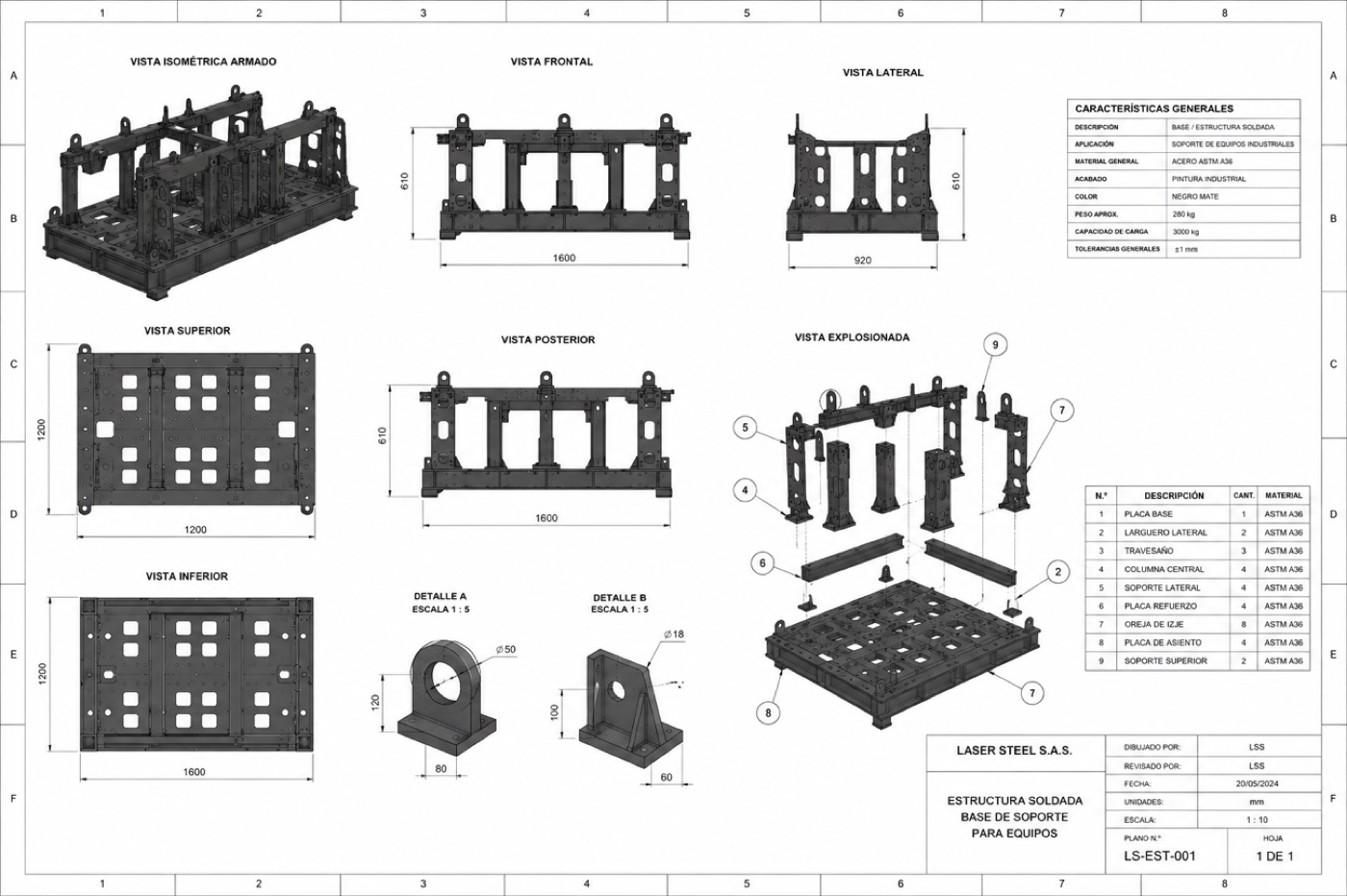 Plano técnico de estructura soldada base de soporte para equipos